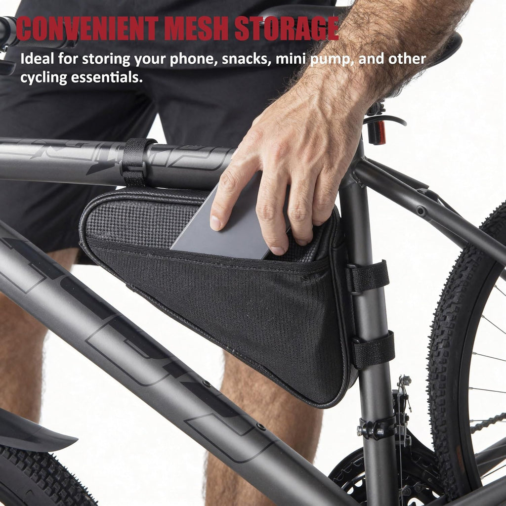 Triangle Bike Frame Bag with 2 Mesh Pockets, Water Resistant Bicycle Travel Storage Bag with 4 Bungee Cords and Bike