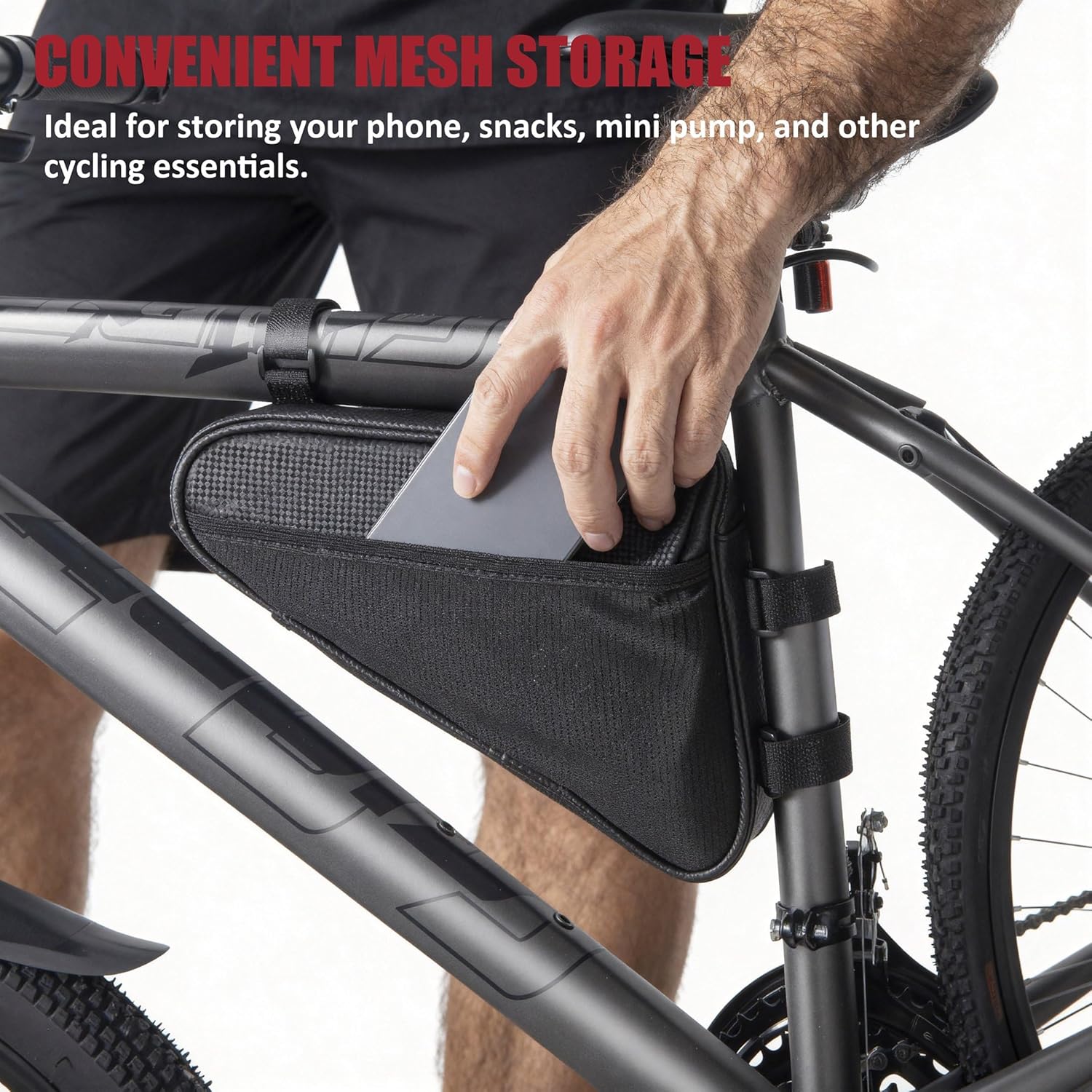 Triangle Bike Frame Bag with 2 Mesh Pockets, Water Resistant Bicycle Travel Storage Bag with 4 Bungee Cords and Bike