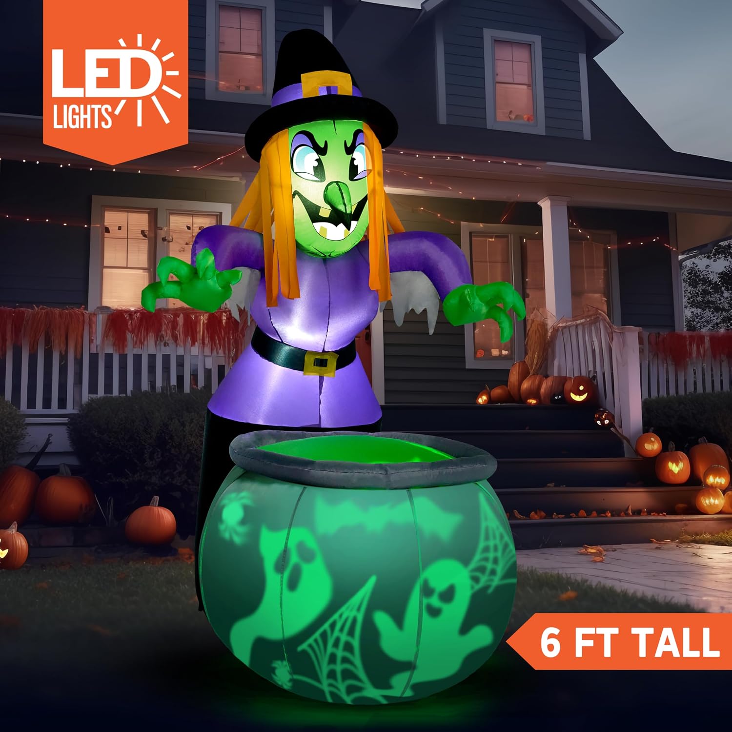 6 Ft Halloween Inflatable Witch and Cauldron Decoration with Projecting Rotating Green Ghost Light, Inflatable Yard