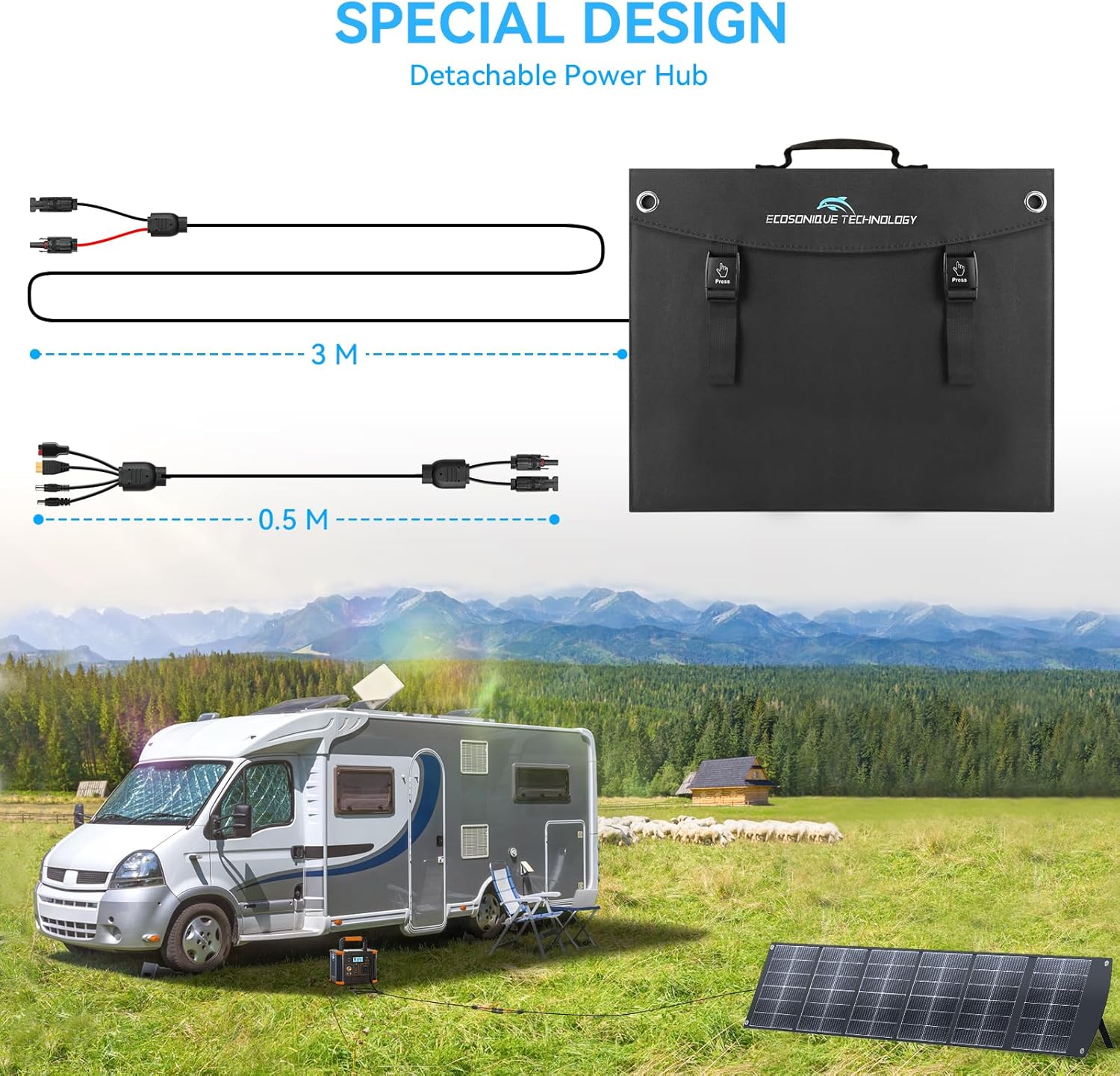 Ecosonique 200W Portable Foldable Solar Panel MC4 Output for Power Station | Lightweight, Waterproof, CPC, XT60, DC