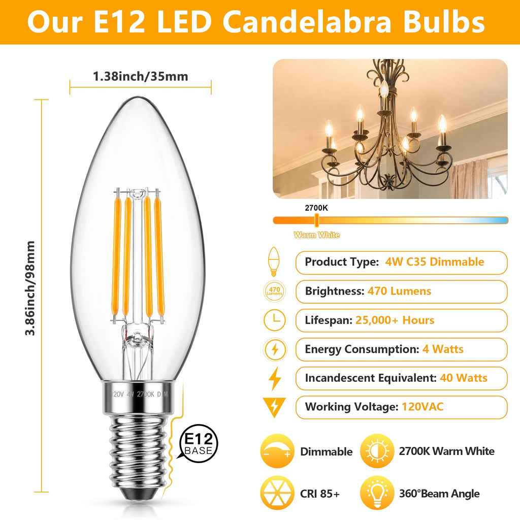 Dimmable E12 Candelabra LED Bulb 2700K Warm White 12-Pack