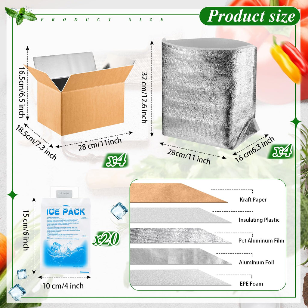 4 Pack Insulated Shipping Boxes for Frozen Food with Ice Packs, S