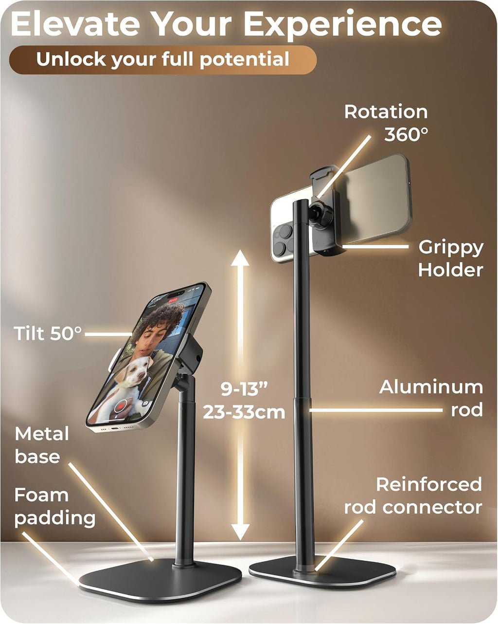 ChatStand, Adjustable Cell Phone Stand for Desk, Phone Stand for Recording, iPhone Holder for Filming, Small iPhone