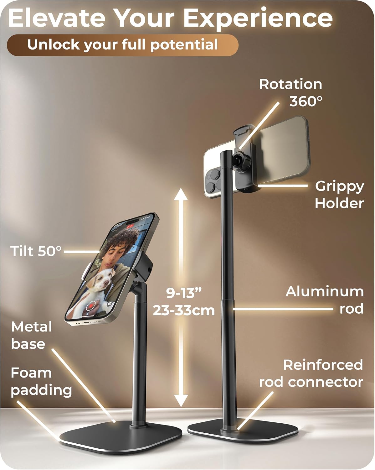 ChatStand, Adjustable Cell Phone Stand for Desk, Phone Stand for Recording, iPhone Holder for Filming, Small iPhone