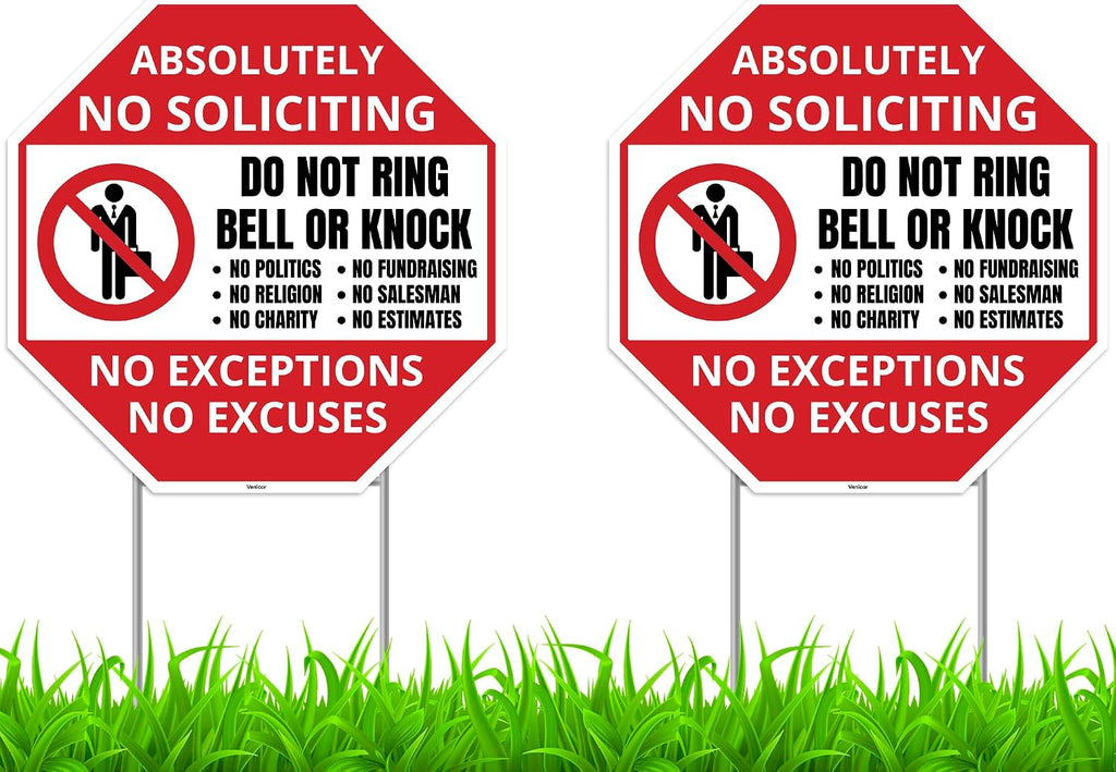 2PC No Soliciting Sign with Stake, 12 Inches by 12 Inches - Corrugated Plastic - No Soliciting No Religious No