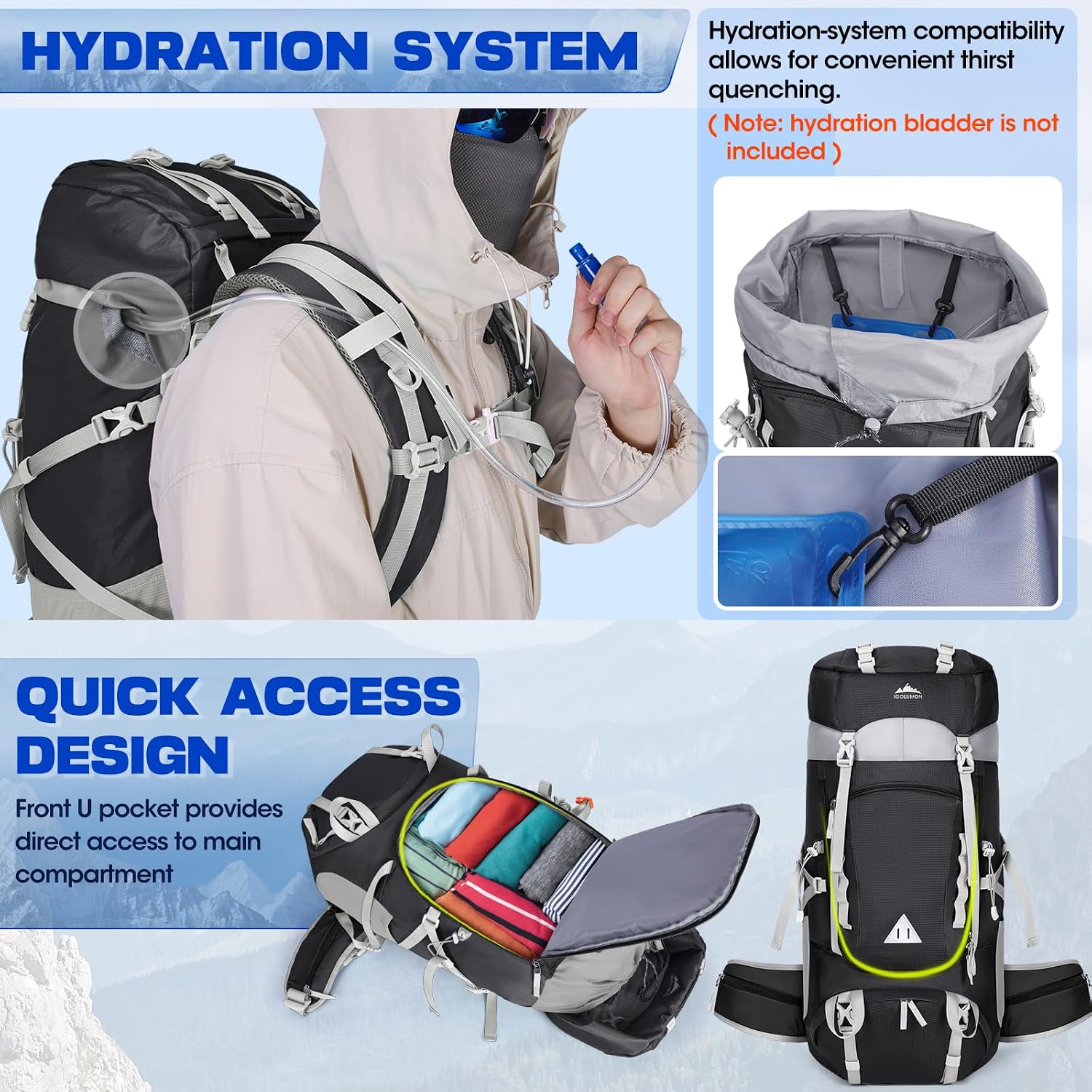 60L Hiking Backpack Waterproof Camping Backpack with Rain Cover Large Lightweight Backpacking Backpack for Men Women