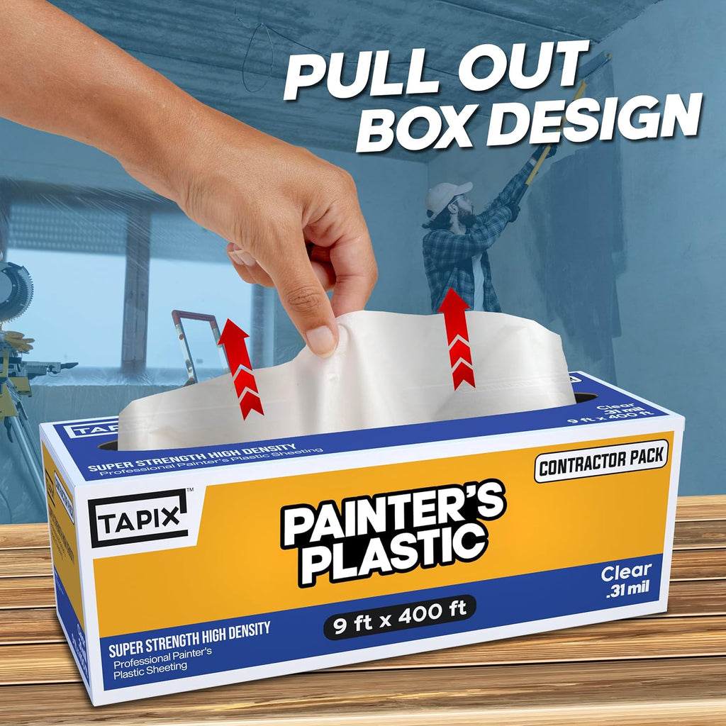 Painter's Plastic Film, 400' Length x 9' Width High, High Density Painters Plastic Sheeting Roll in Box with Dispense