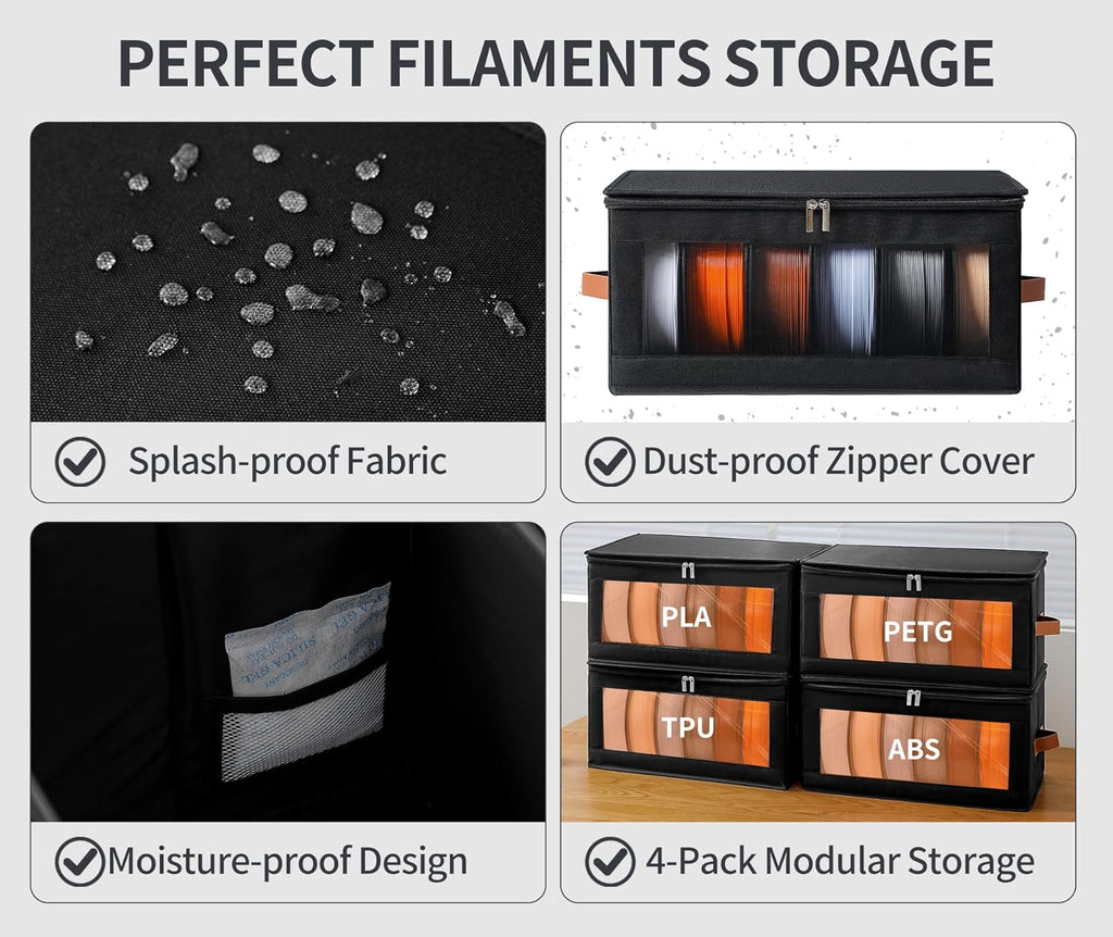 Filament Storage Box, 4 Pack Filament Container for 3D Printing | Holds 24 Rolls, Includes Desiccants, Zippered Lid
