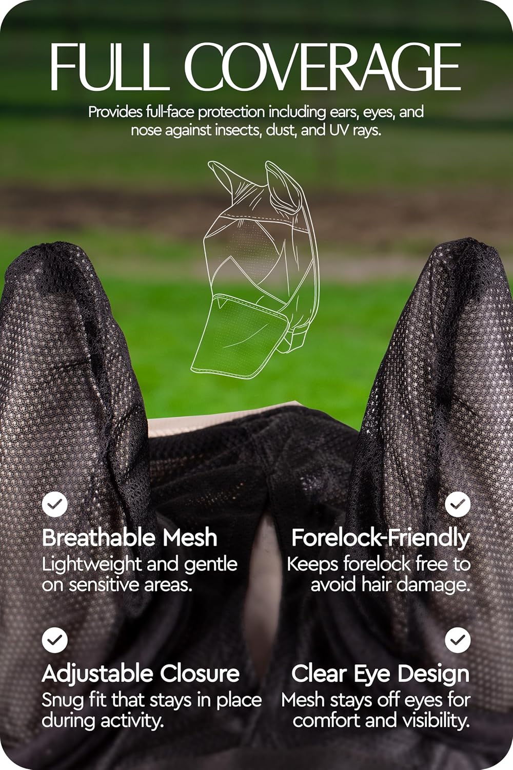 Horse Fly Mask with Nose Cover, Soft Micro Mesh Full Face Design