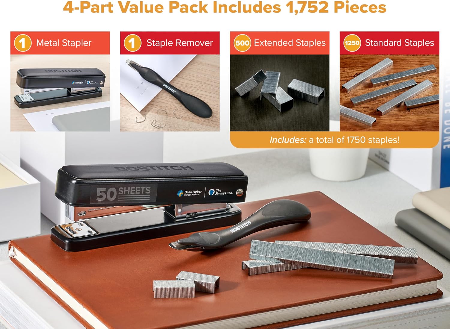 Titan Heavy Duty Metal Stapler, 50 Sheet Capacity with 1250 Staples and Ergonomic Staple Remover, Jam Free Stapling