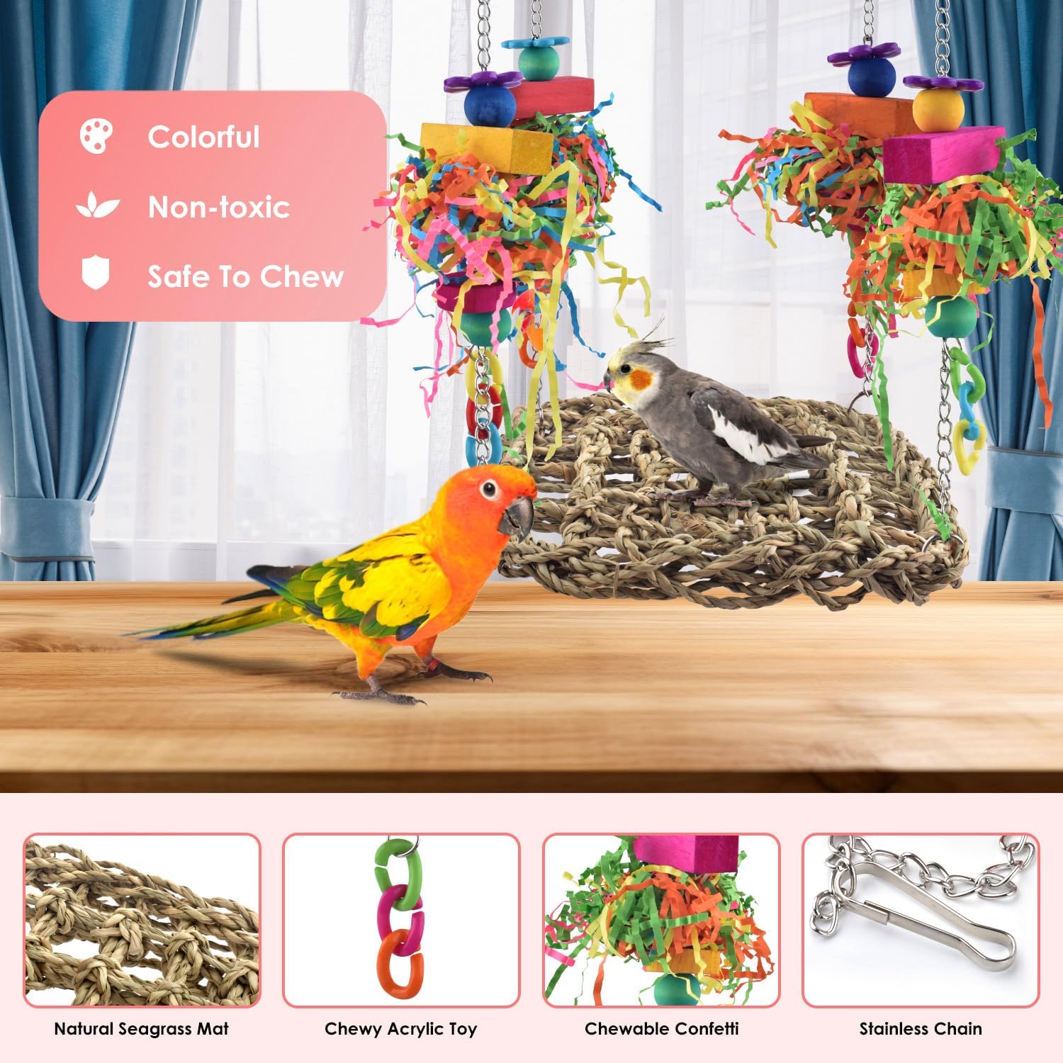 Bird Toys, Grass Swing Hammock Climbing Toy for Parrot Parakeet | Natural Grass with Colorful Chew Toys, Climbing and