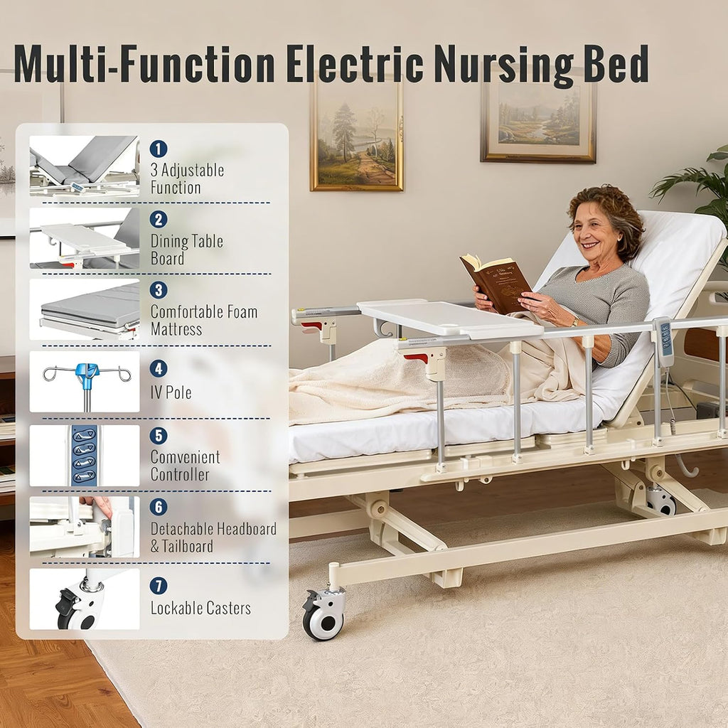 Electric Hospital Bed, 4 Function ICU Medical Bed with Waterproof Foam Mattress, Adjustable IV Pole, Dining Bord
