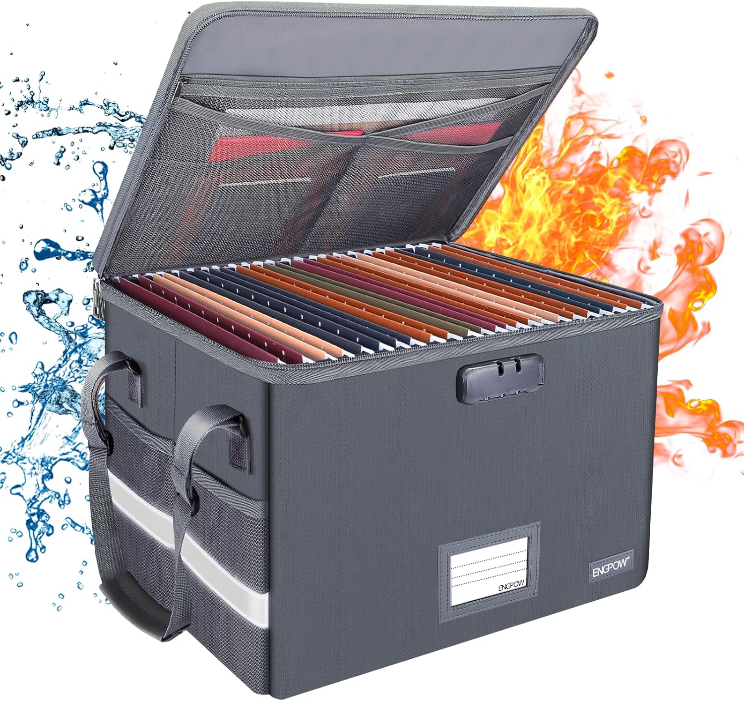 File Box with Lock, Fireproof Document Box with Zipper Lid, Collapsible File Organizer Storage Filing Cabinet with