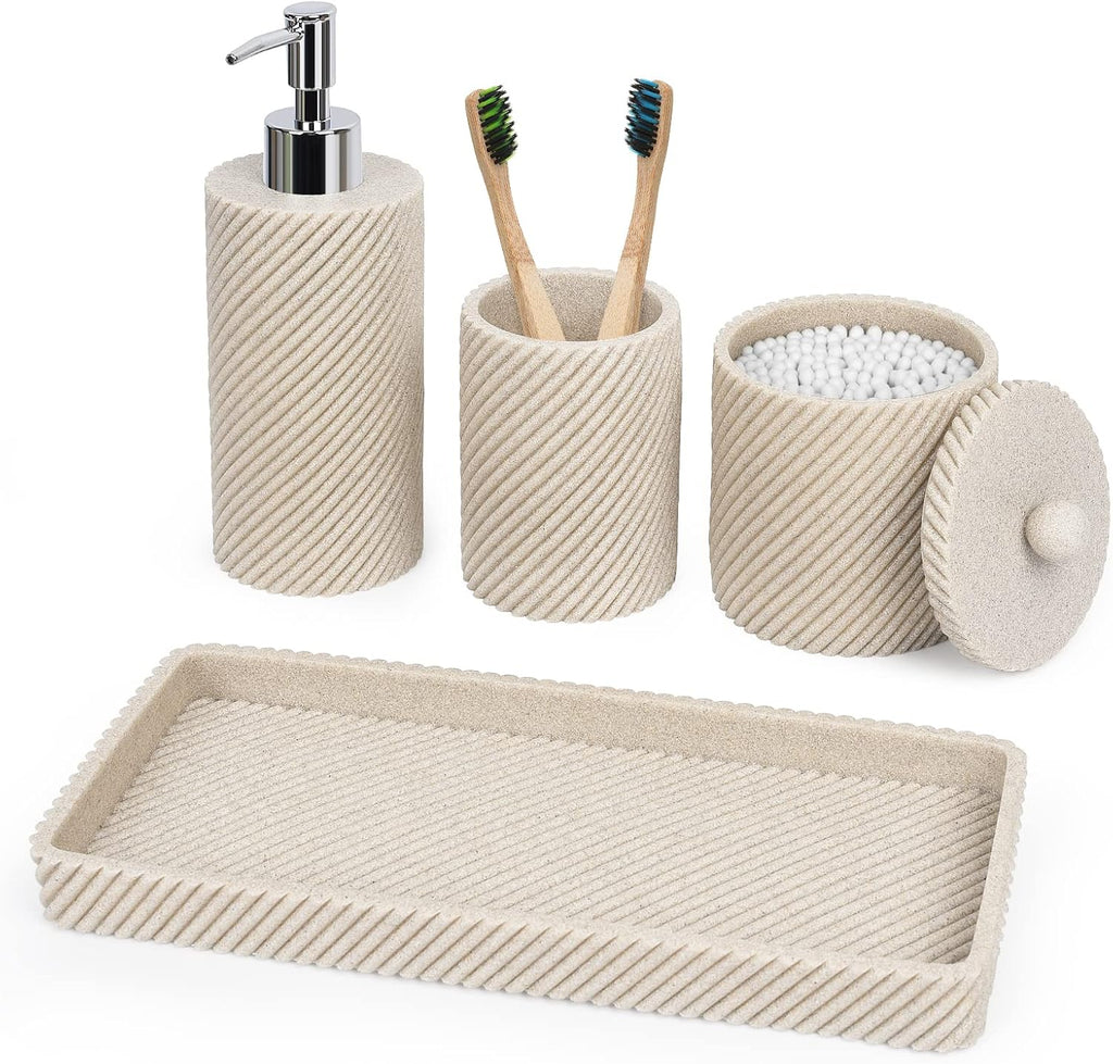 Beige Bathroom Accessories Set 4 Pcs - Toothbrush Holder,Lotion Soap Dispenser,Qtip Holder Dispenser,Vanity Tray for