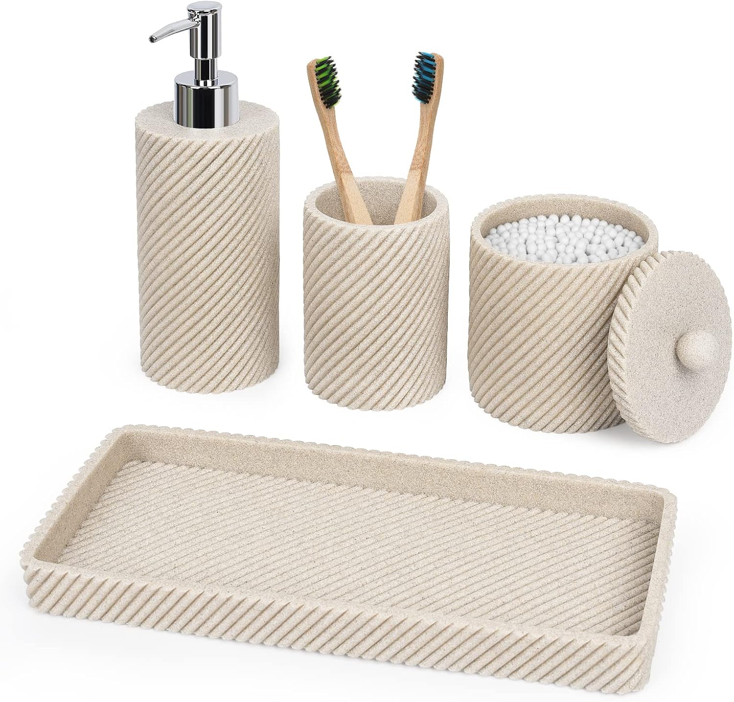 Beige Bathroom Accessories Set 4 Pcs - Toothbrush Holder,Lotion Soap Dispenser,Qtip Holder Dispenser,Vanity Tray for
