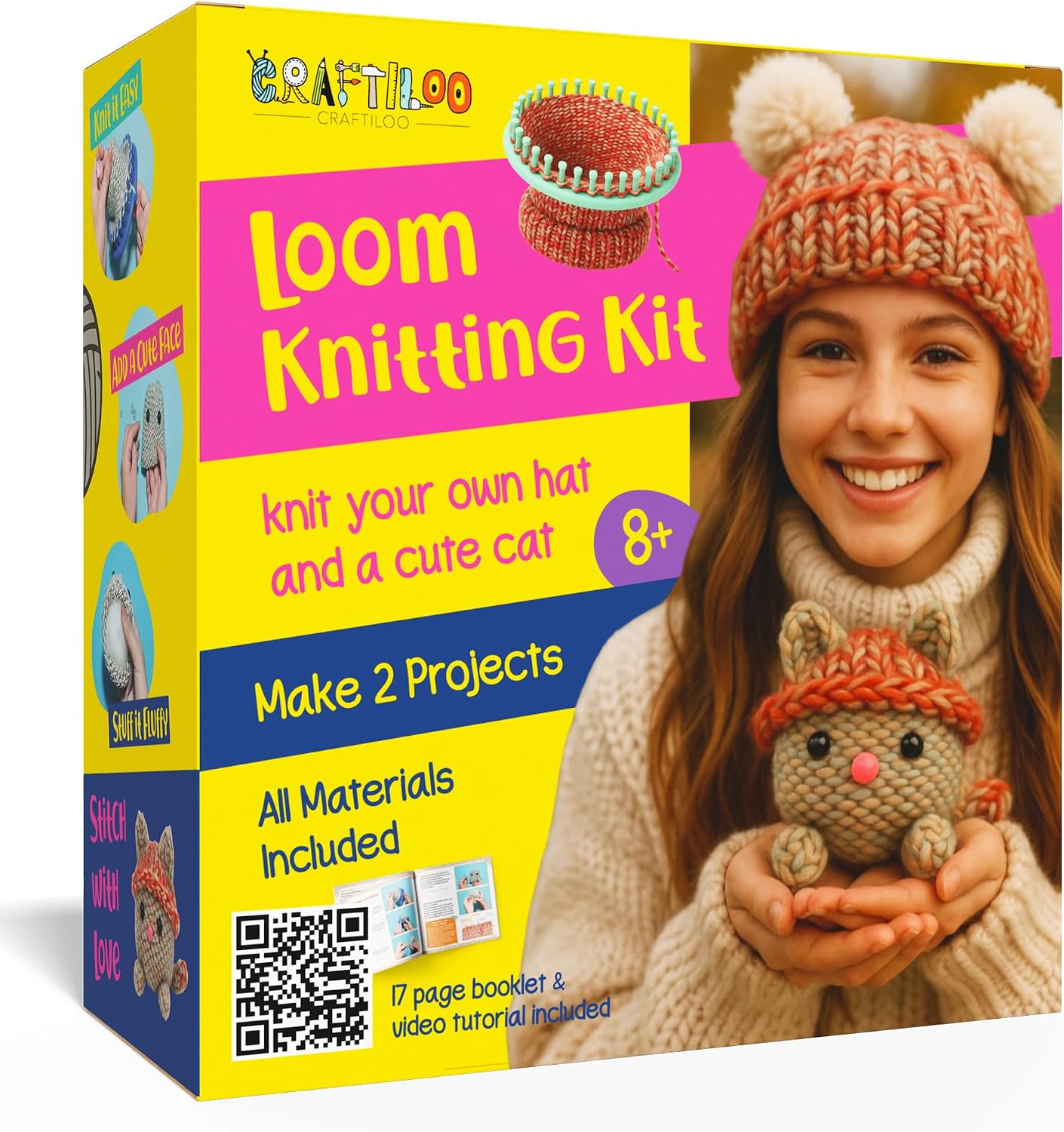 Knitting Kit for Kids – Beginner Knitting Kit to Make a Hat & Cat – Quick Knit Loom Kit with Yarn, Tools & Instructions