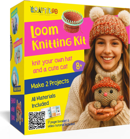 Knitting Kit for Kids – Beginner Knitting Kit to Make a Hat & Cat – Quick Knit Loom Kit with Yarn, Tools & Instructions