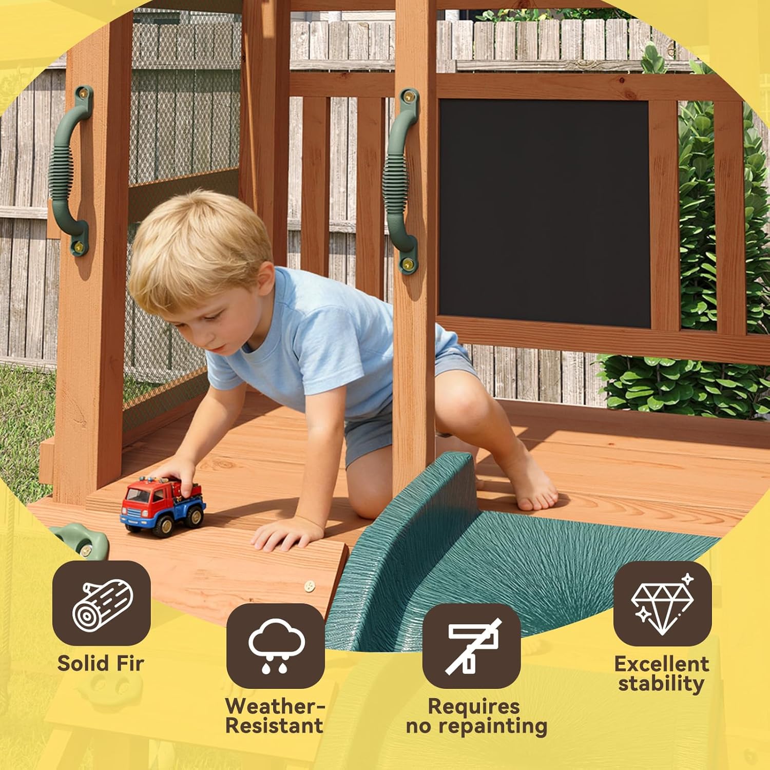 Wooden Swing Sets for Backyard, Outdoor Playset Sets for Backyards, Playground Sets with 6 FT Wave Slide, Play Deck