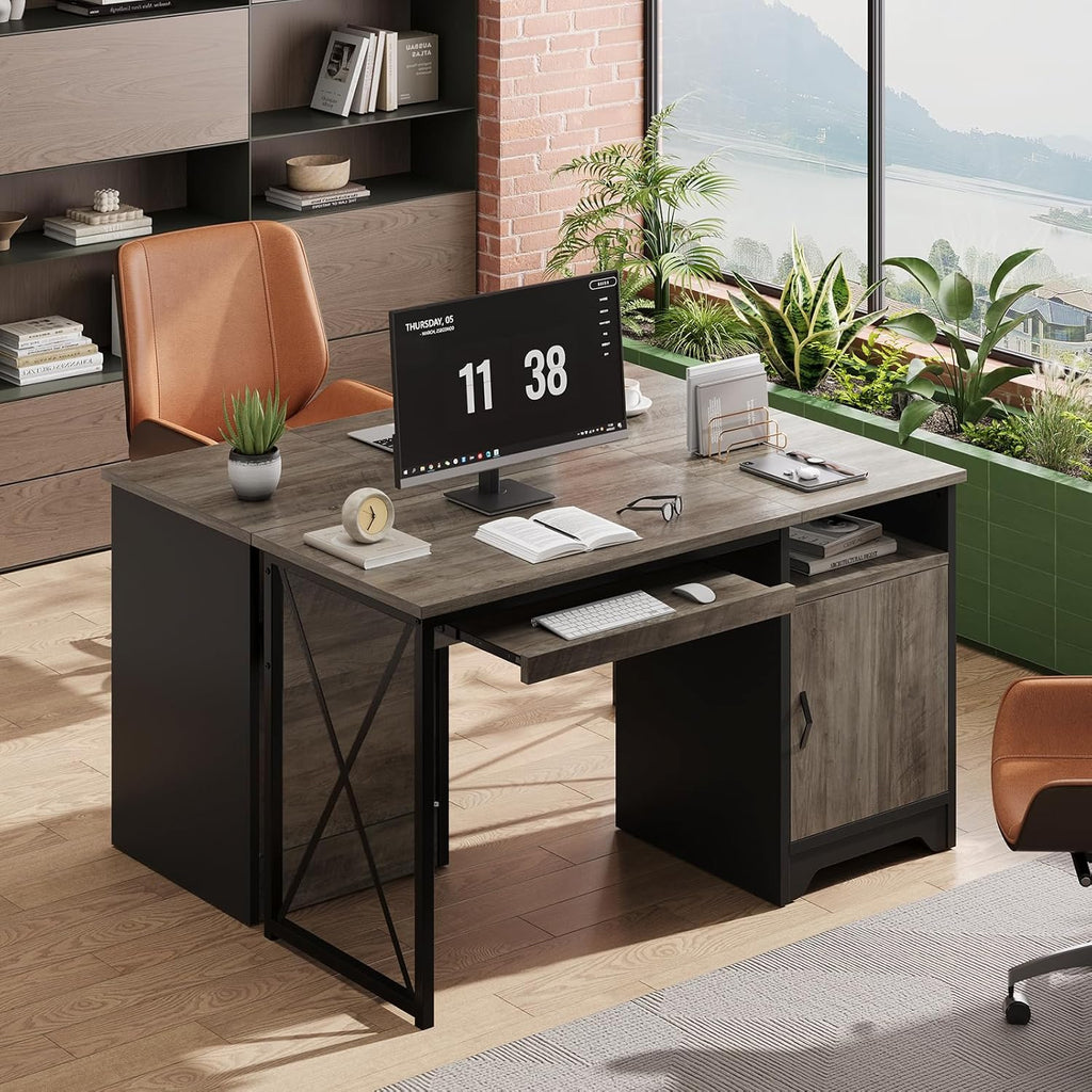 Office Desk with Keyboard Tray, Industrial Computer Desk with Storage, Reversible Executive Desk with File Cabinet