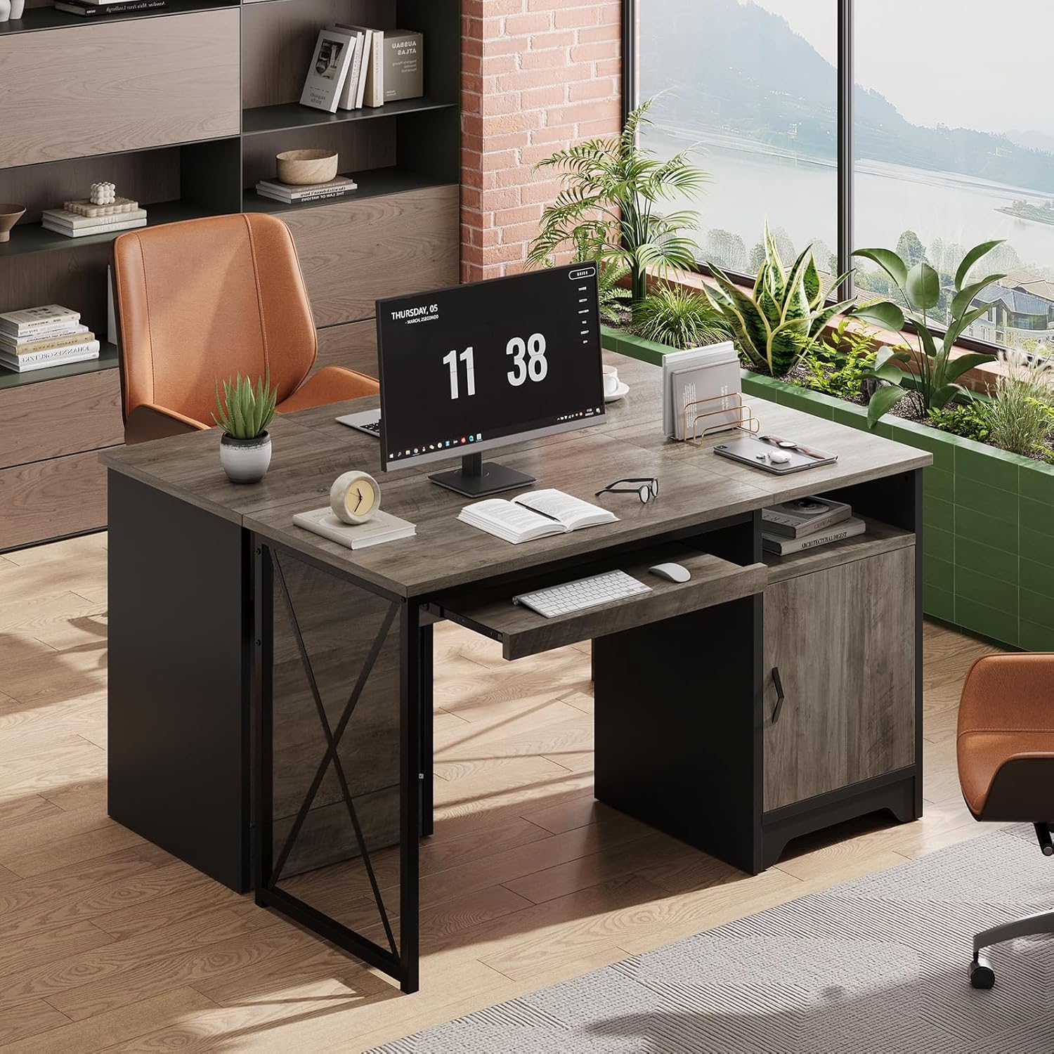 Office Desk with Keyboard Tray, Industrial Computer Desk with Storage, Reversible Executive Desk with File Cabinet