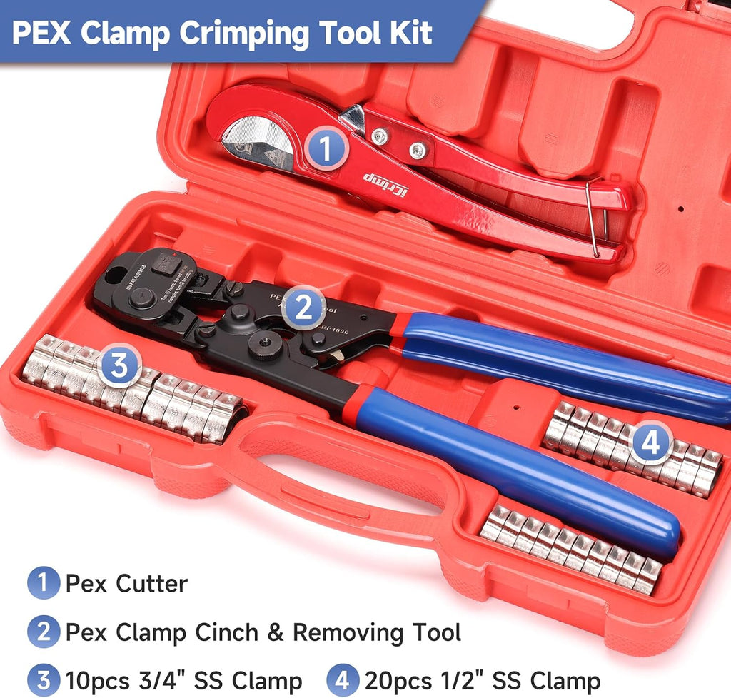 iCrimp PEX Crimping Tool Kit with Clamps, Cinch & Removal Tool for 3/8"-1"
