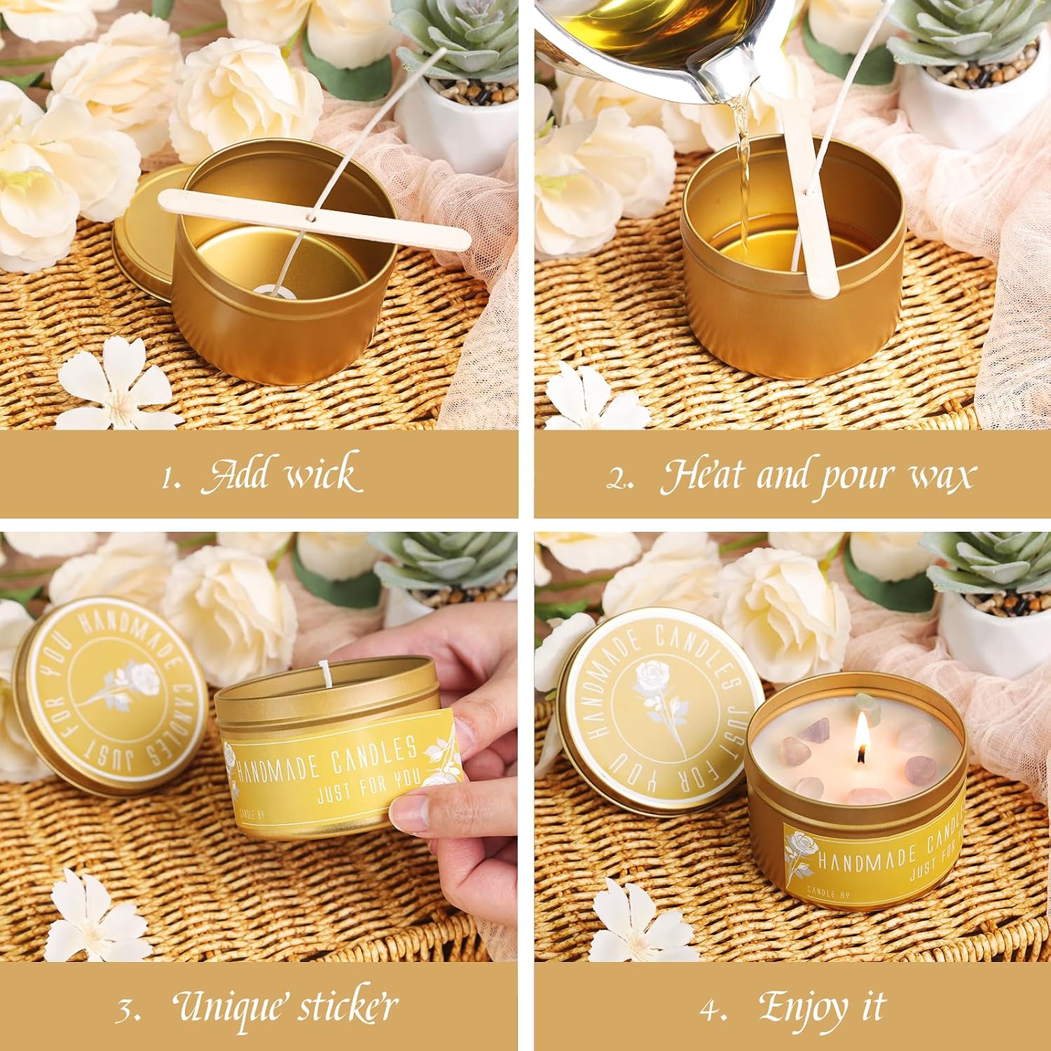 48 Pack - 24pcs 8oz & 24pcs 4oz Matte Gold Candle Tins with Lids | Dual-Size Bulk Empty Candle Containers for Candle