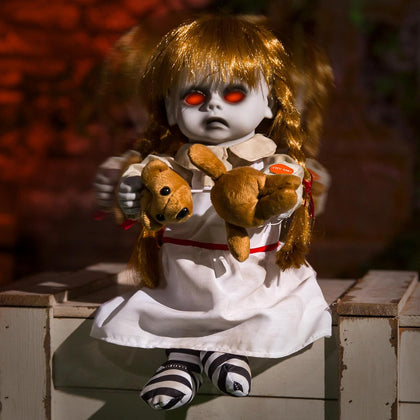 Halloween Animatronic 10inch Creepy Girl Doll, Halloween Animated Decorations with Sound Activated Spooky Sound