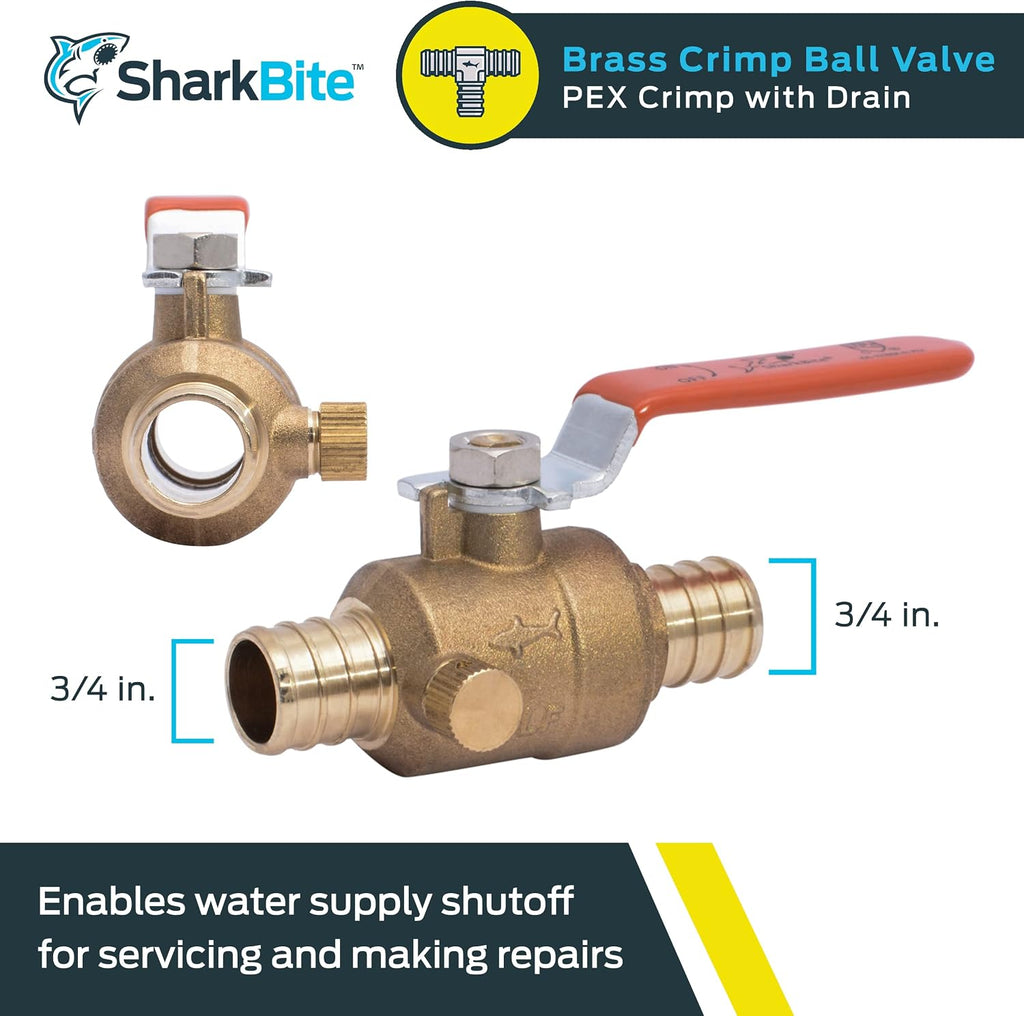 SharkBite 3/4 Inch Crimp Ball Valve with Drain, Brass Plumbing Fitting, PEX Pipe, PE-RT, 24613LFA