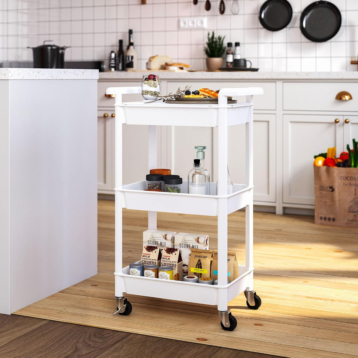 3-Tier Utility Rolling Cart with Cover Top Board, Mobile Utility Cart with Lockable Casters Multi-Functional Storage