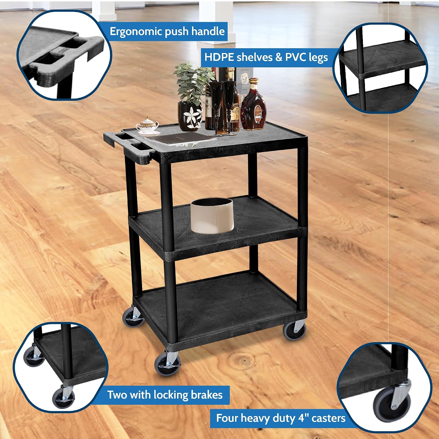 STC222-B 3-Shelf Utility Cart, Black