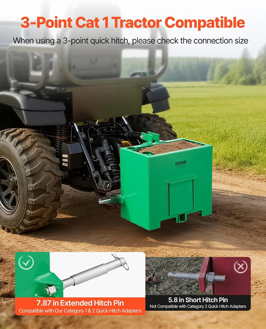 Ballast Box, 3-Point Category 1 Tractor Ballast of 800 lbs Capacity, with Standard 2 Inch Hitch Receiver, Heavy-Duty