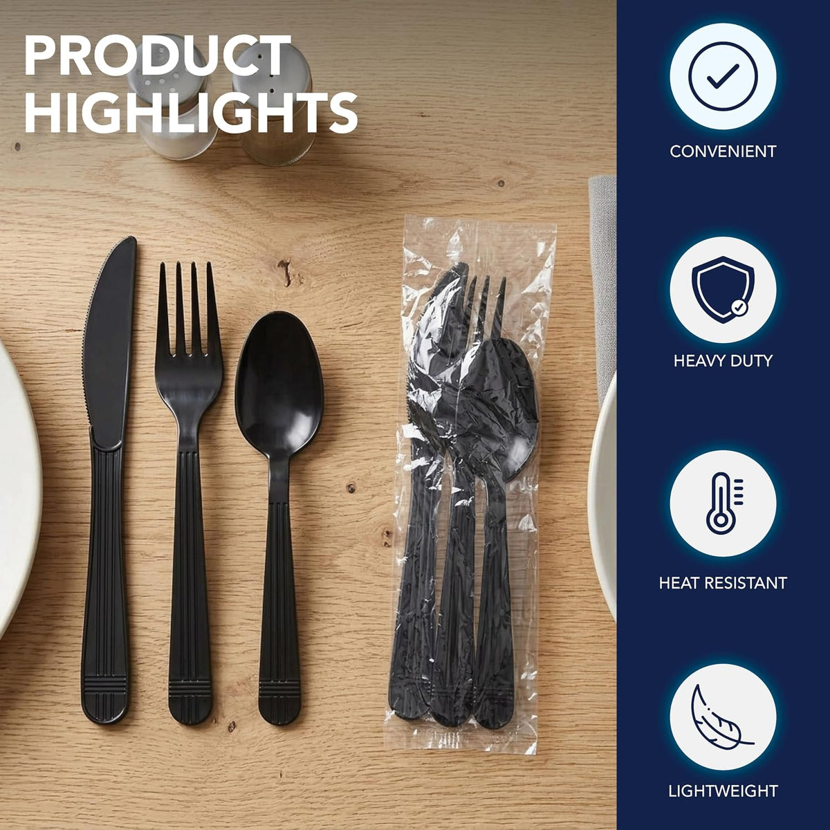 Individually Wrapped Heavy Duty Plastic Utensil Kits, 50 Sets for Party Catering, Fork/Spoon/Knife, Black