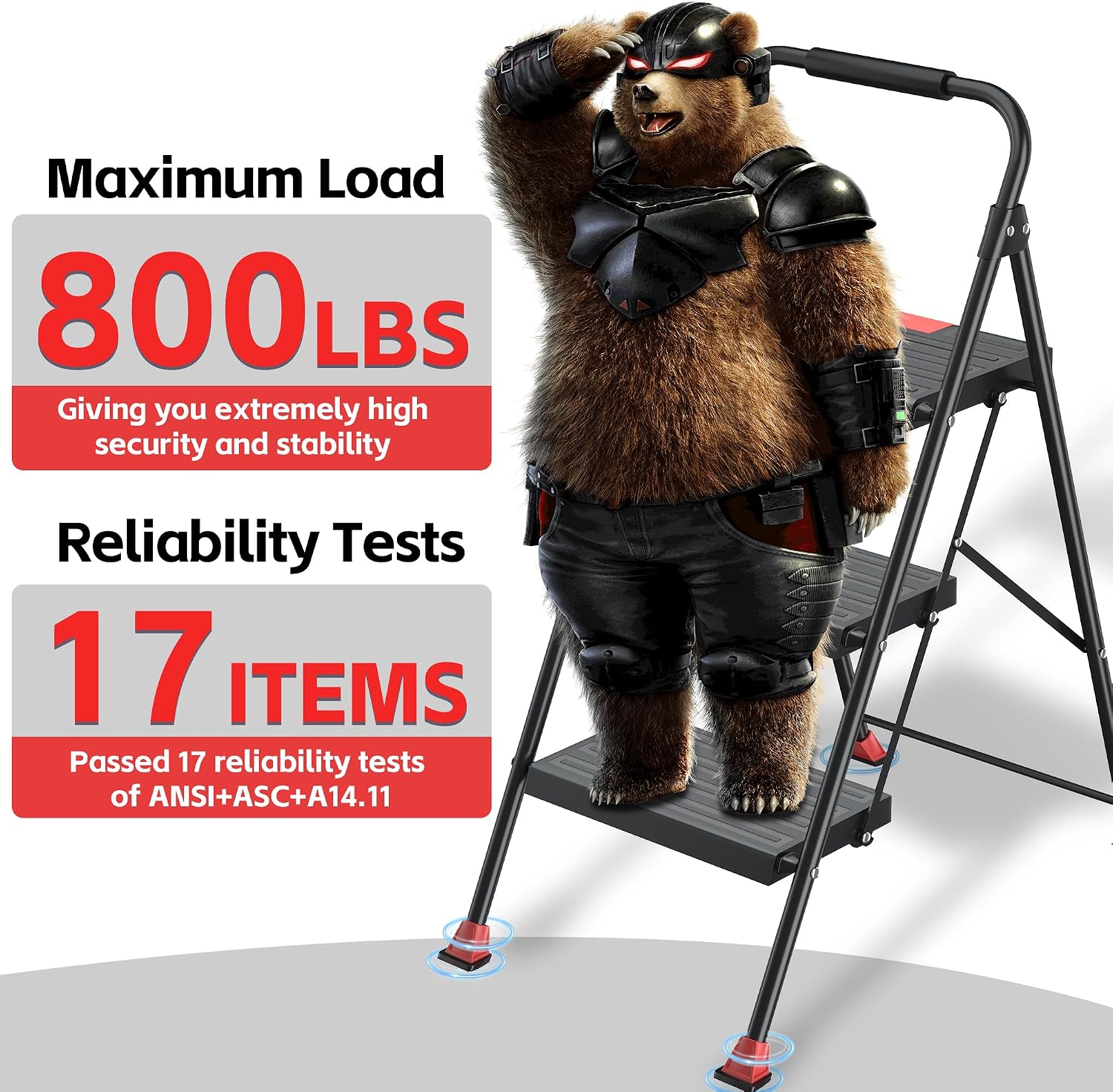 3 Step Ladder Foldable Folding Stool - for Home Adults Kitchen, Iron, Black, Extension Tall Heavy Duty with Handrails