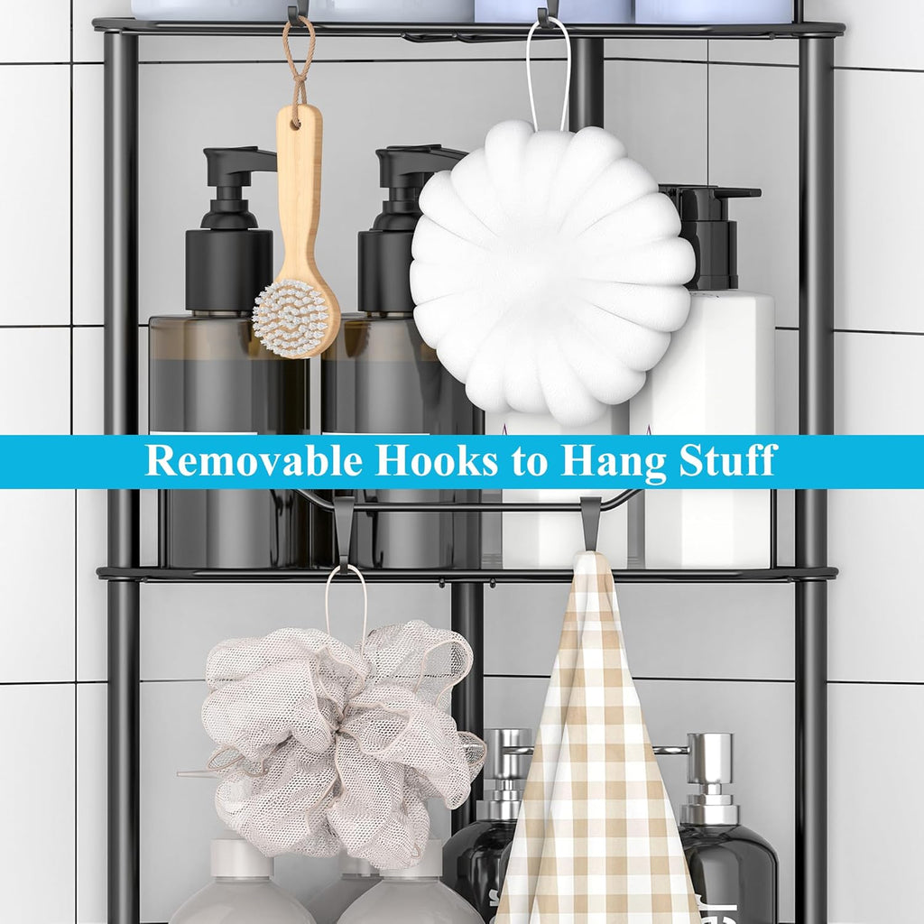 4 Tier Floor Standing Corner Shower Caddy Organizer Shelf with Hooks, Bathroom Shelves Stand Rack, Black | Adhesive