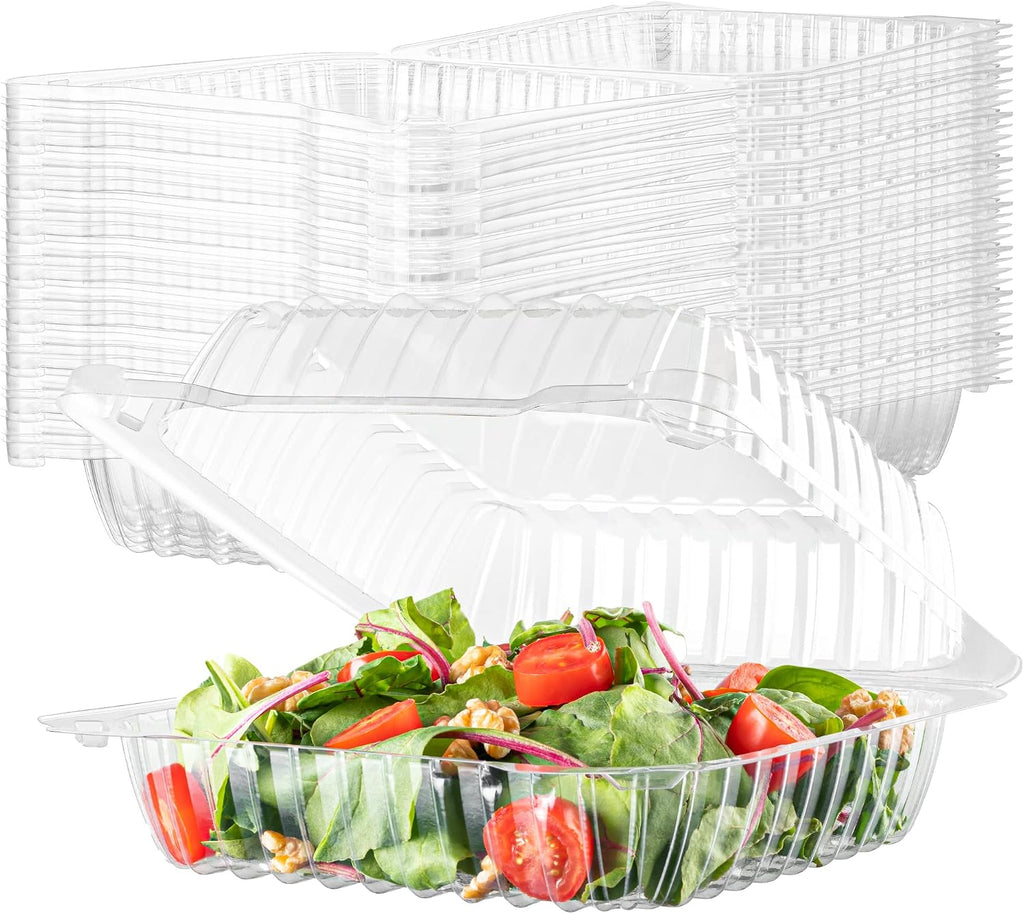 50 Clear Plastic Containers, 8" X 8" X 3" Hinged Lid Togo Clamshell Food Containers for Food, Strawberry Boxes