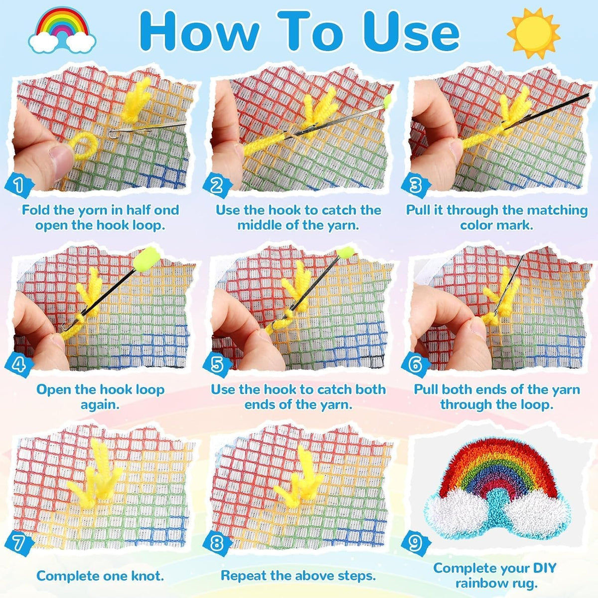 Rainbow Latch Hook Mini Rug Kit Rainbow DIY Valentine Craft for Kids Adults Beginners Making Your Own Crochet Carpet