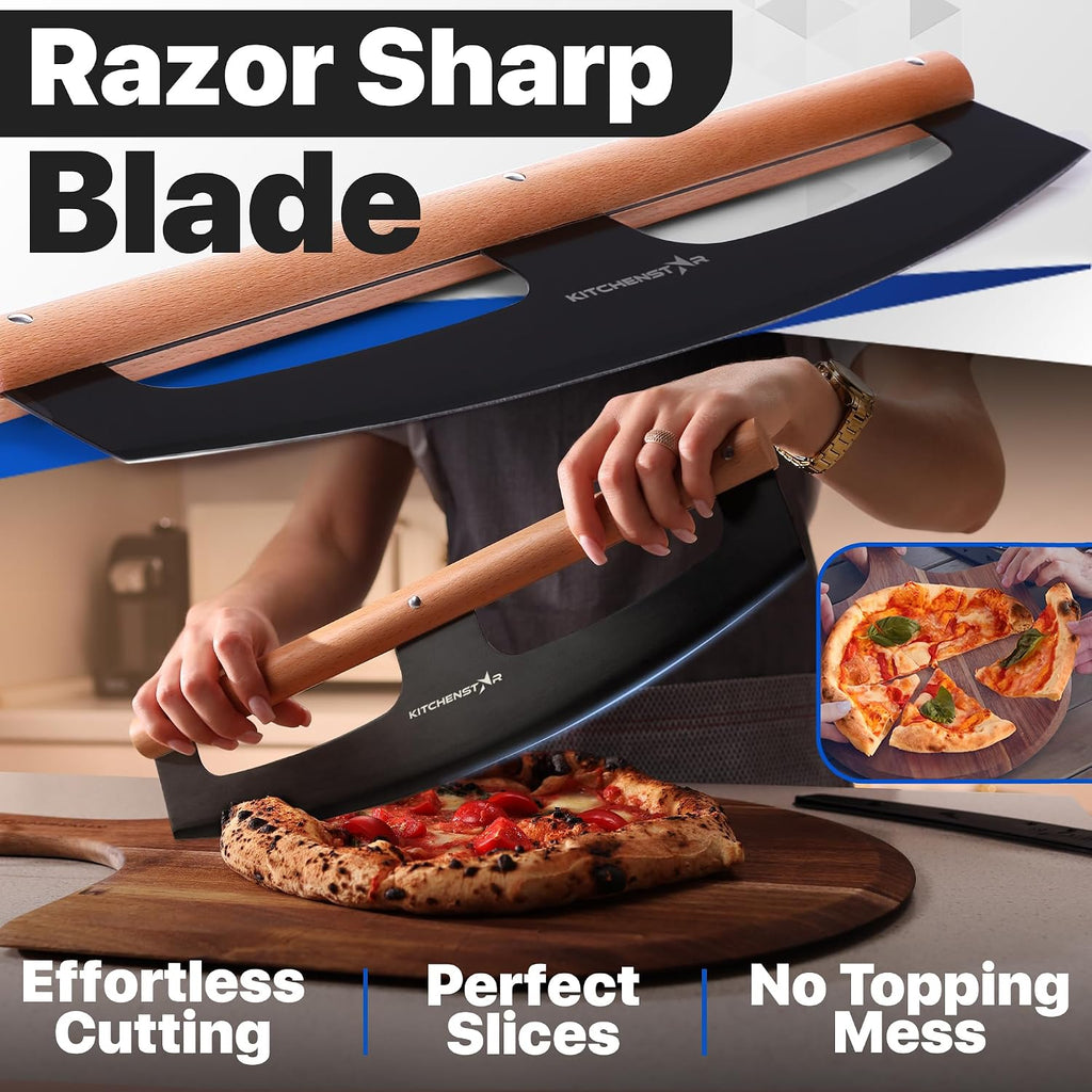 14-Inch Pizza Cutter Rocker Blade, 304 Stainless Steel Knife, Wooden Handle