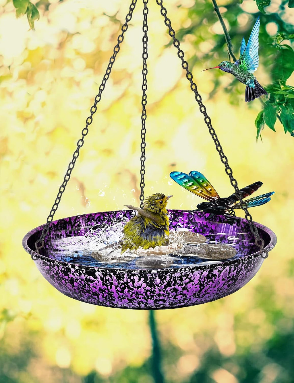 Hanging Bird Bath & Feeder, 11" Metallic Purple/Blue Metal Birdbath Bowl