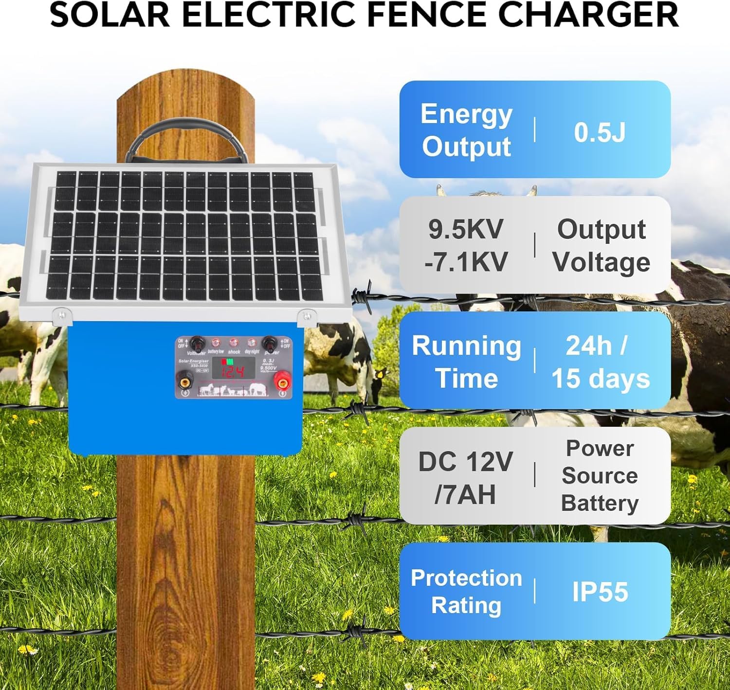 20-Mile Solar Electric Fence Charger, 0.5J 24H Solar Powered Electric Fence with 7.5W Solar Panel &7Ah Battery,Up to