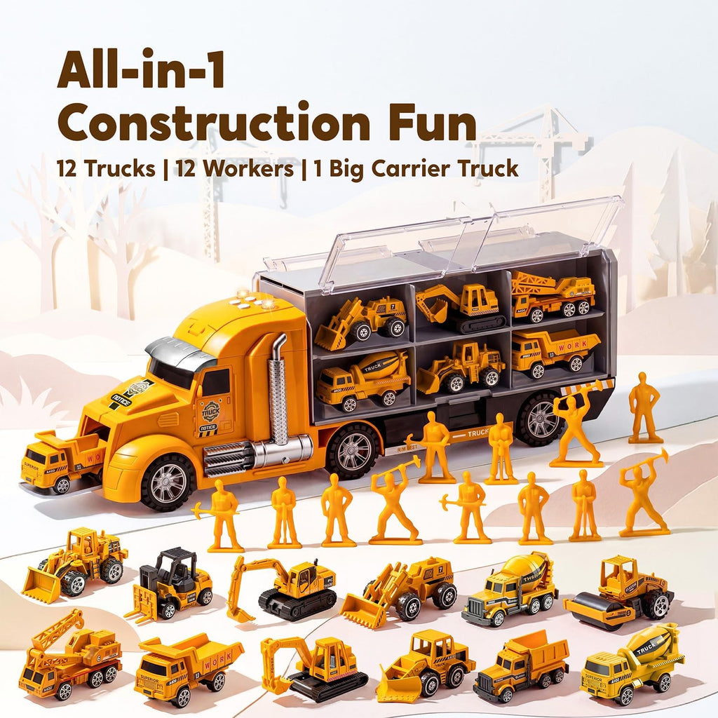25-in-1 Construction Truck Toy Set with 12 Vehicles & 12 Worker Figures, Push and Go Toy Trucks with Sound and Light