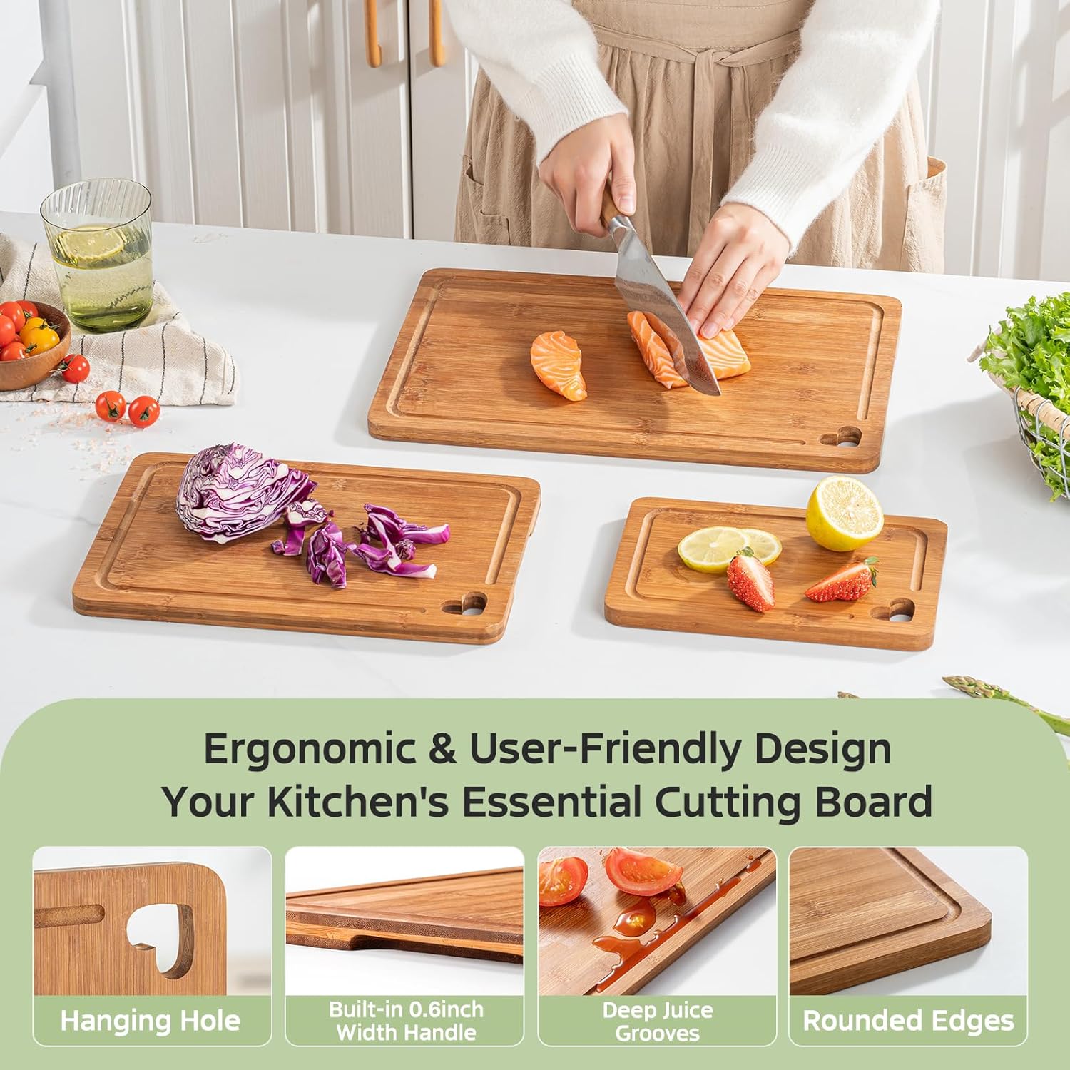 Bamboo Cutting Boards for Kitchen(Set of 3), Wood Cutting Board with Wood Storage Stand, Charcuterie & Chopping Board