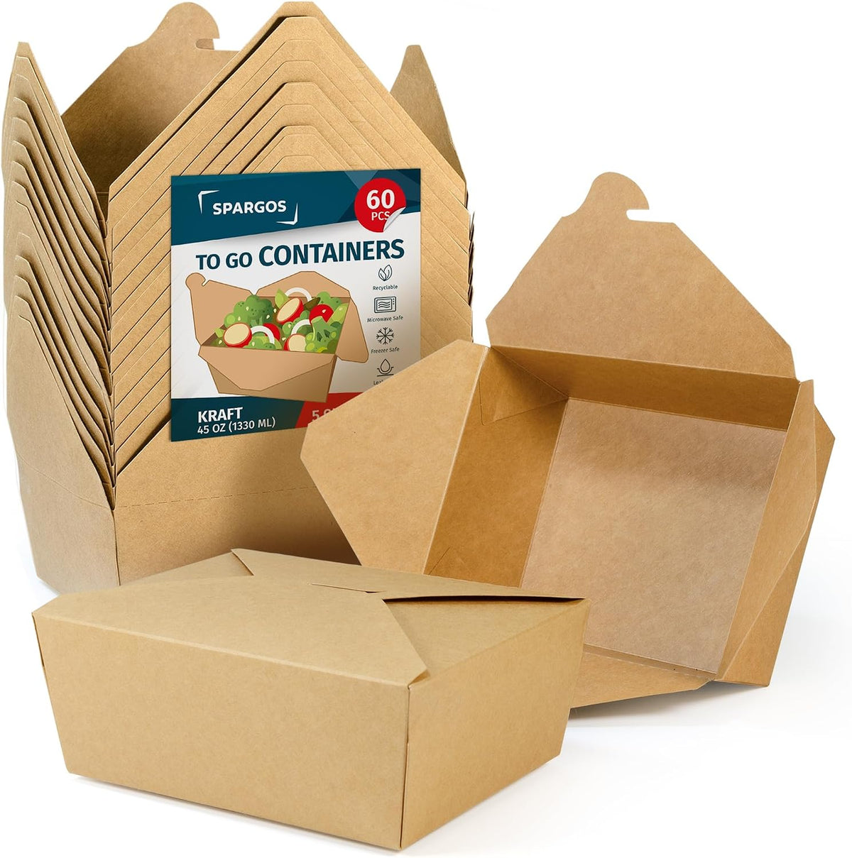 Takeout Storage Containers, Kraft Brown, 60 Pack, 45oz