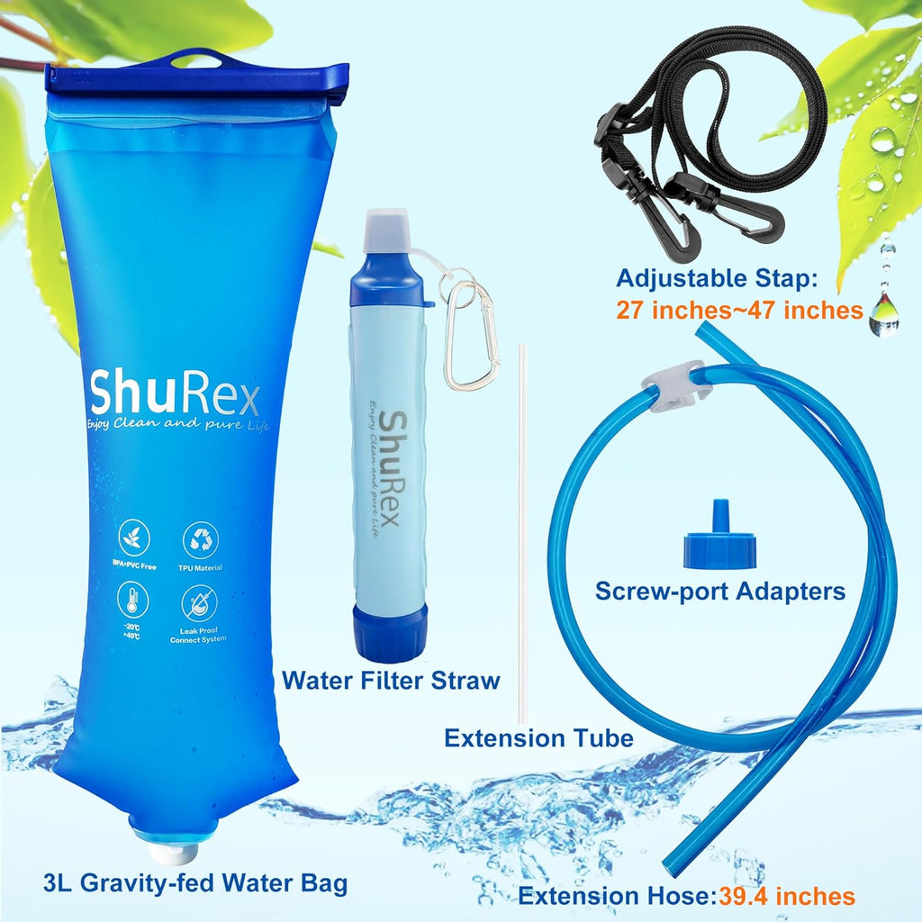 3L Gravity Fed Water Filtration System with Adjustable Tree Strap | Gravity Bag with Filter Straw, Water Purifier