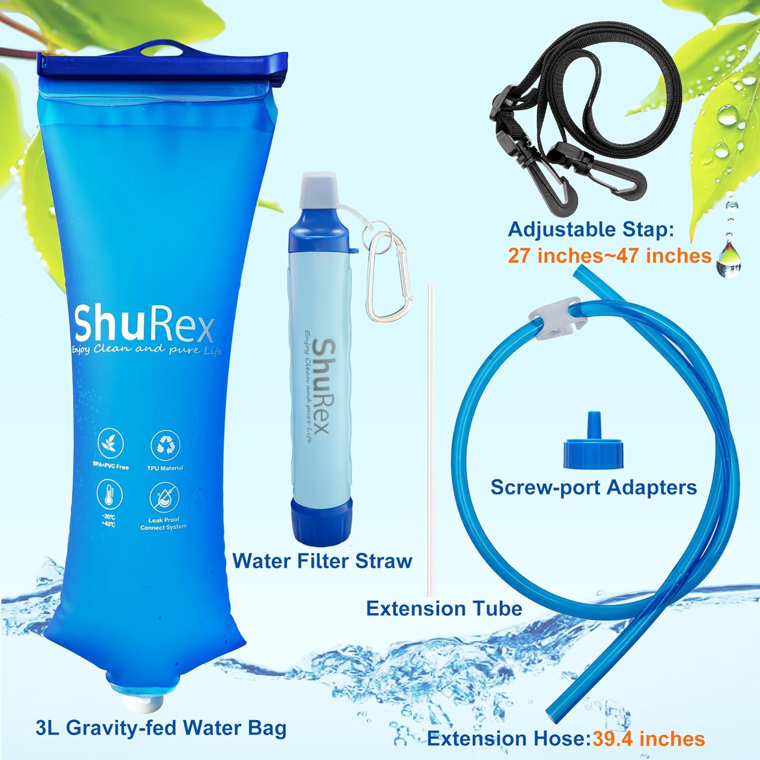 3L Gravity Fed Water Filtration System with Adjustable Tree Strap | Gravity Bag with Filter Straw, Water Purifier