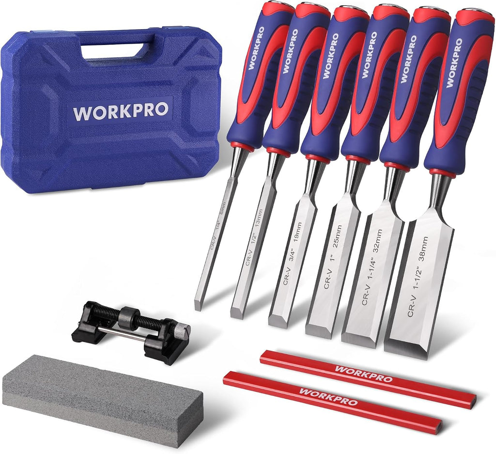 10-Piece Wood Chisel Set for Woodworking, Cr-V Bevel Edge Chisels (1/4", 1/2", 3/4", 1", 1-1/4", 1-1/2") with