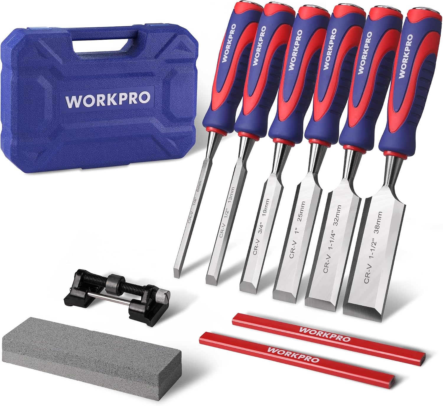 10-Piece Wood Chisel Set for Woodworking, Cr-V Bevel Edge Chisels (1/4", 1/2", 3/4", 1", 1-1/4", 1-1/2") with