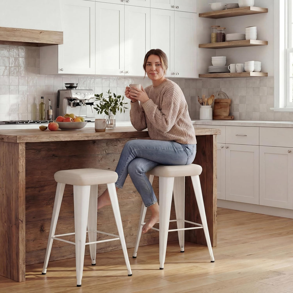 Backless Bar Stools Set of 4, 26" Farmhouse PU Leather Barstools