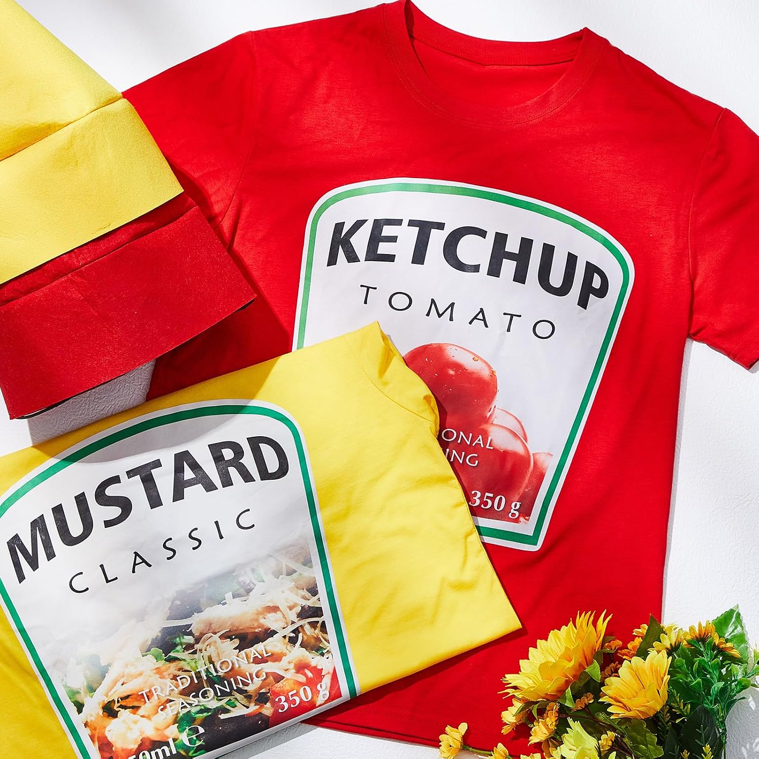 Halloween Yellow Mustard Red Ketchup Costume Matching Group T-shirt and Hat Halloween Couple Costume