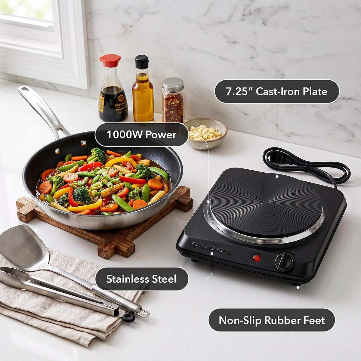 Electric Cast Iron Single Burner, 1000W Hot Plate, Black BGS101B
