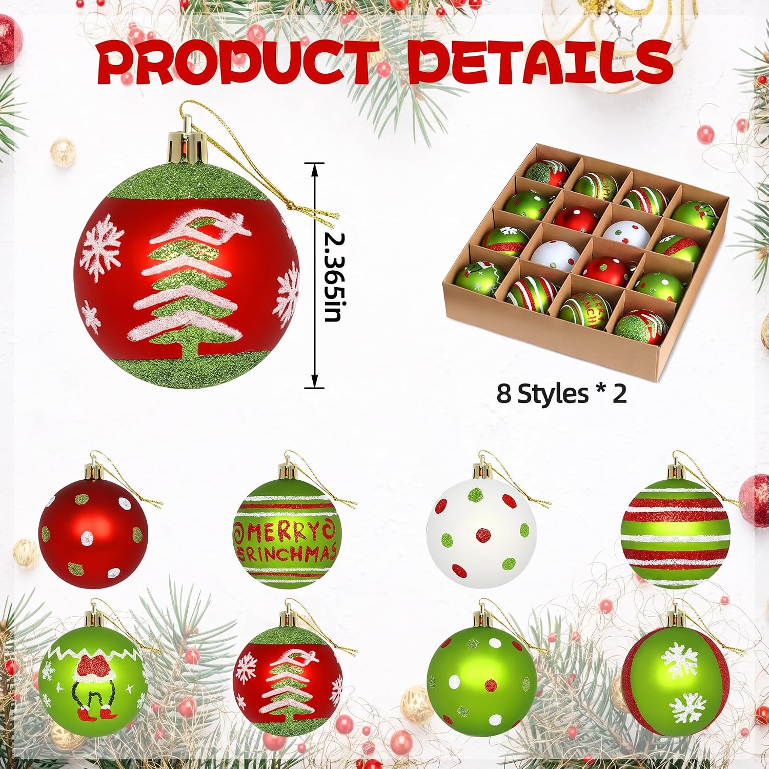 16 Christmas Tree Balls Ornaments Decoration 2.36'', Sparkly Red and Green | Pre-Strung/Shatterproof Christmas Indoor